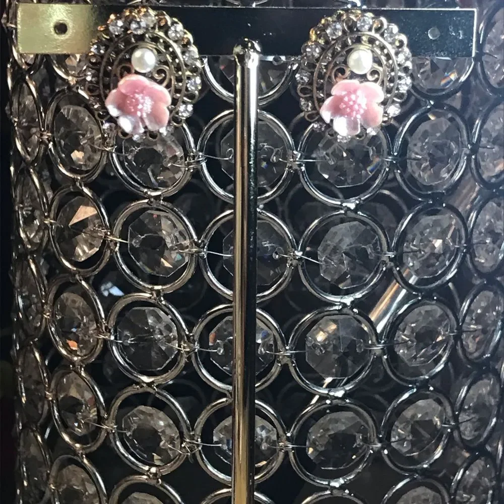 Vintage Gold peal  Enamel Pink Flower Oval Rhinestone Earrings
